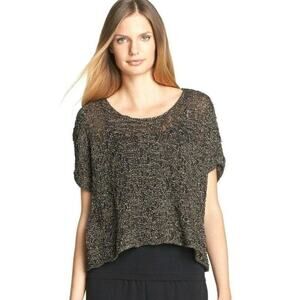 Eileen Fisher Italian Yarn Linen Top Sz Large Metallic Gold Brown Open Knit Boho